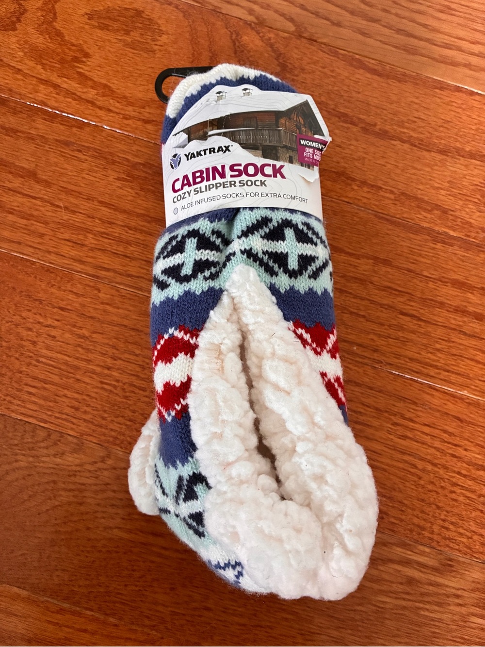 Yaktrax Cabin Sock Cozy Slipper Socks - Blue, Red & White Accents - women’s OSFM